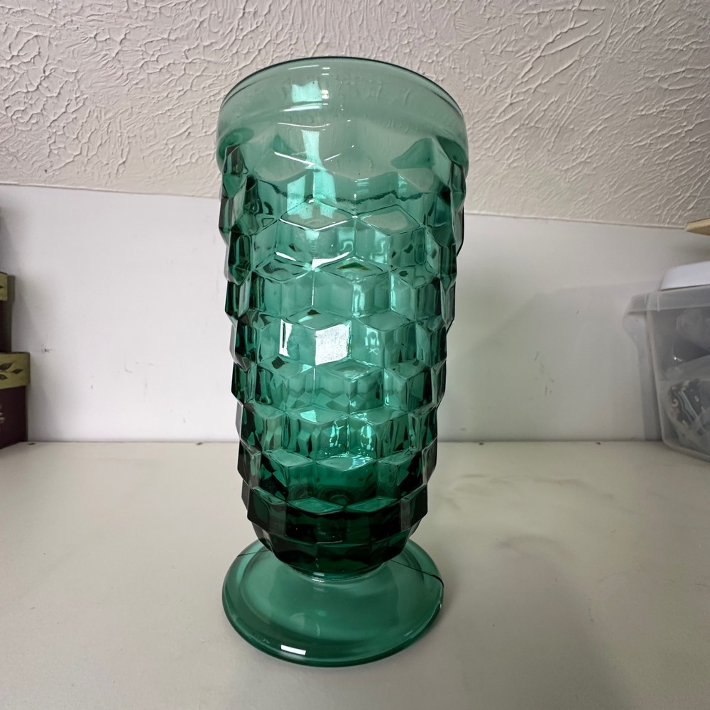 Vintage Emerald Green Glass Honeycomb Textured Footed Vase Goblet 8 Inch